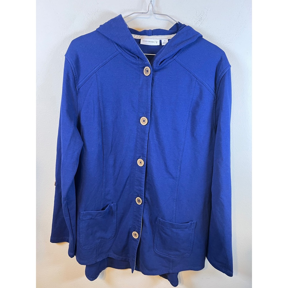 Susan Graver Womens Hooded Cardigan Button Front Royal Blue Size M